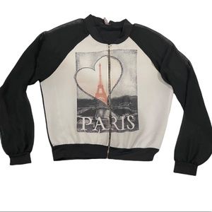 CLEO APPAREL PARIS BOMER JACKET WITH SHEER SLEEVES. Size large. EUC